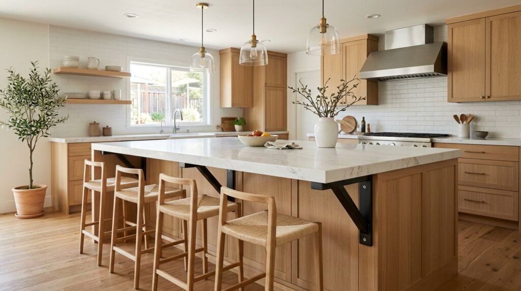 A white stone kitchen island with a seating overhang supported by dark metal brackets.
