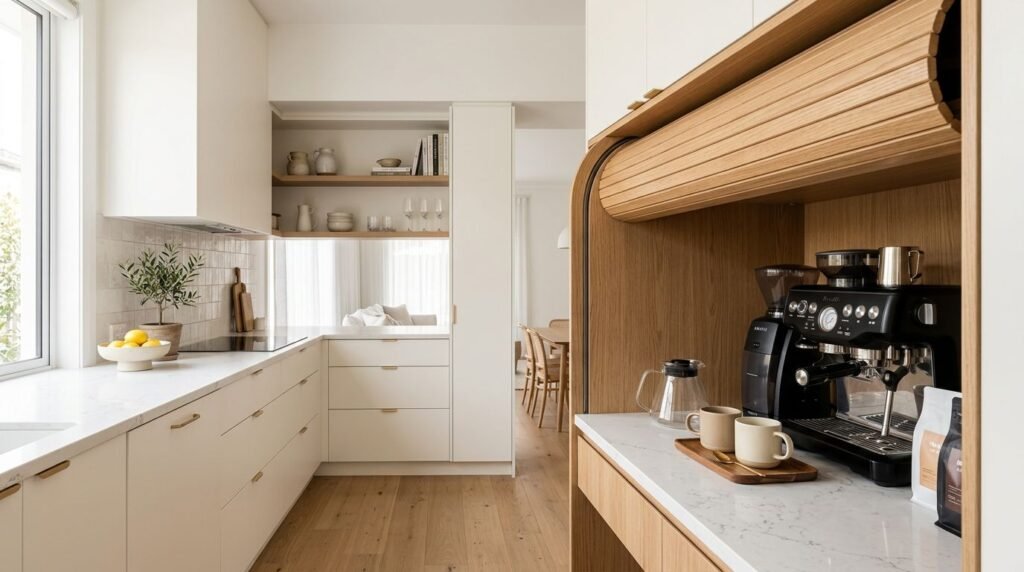 A modern kitchen counter with a partially open tambour cabinet door showing a coffee station.