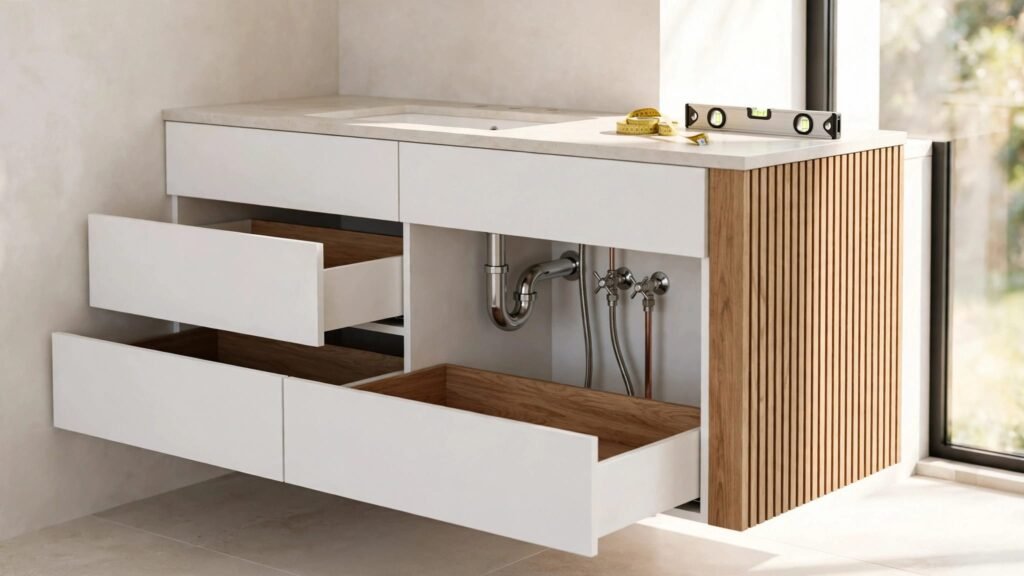 Open vanity drawers reveal plumbing pipes and shut-off valves.