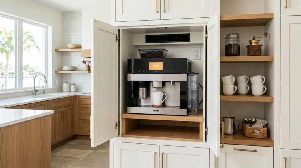Open kitchen cabinet with a built-in coffee machine and organized coffee supplies.