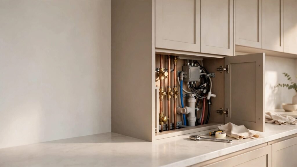 Open kitchen cabinet panel showing tidy pipes, valves, and electrical connections.
