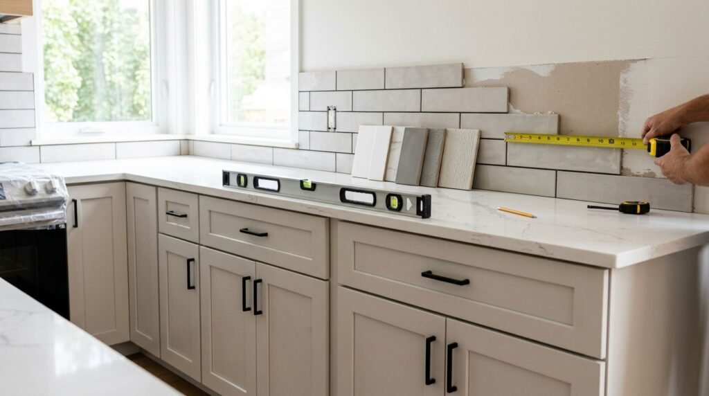 Shaker cabinets with tools and tile samples beside an unfinished backsplash.