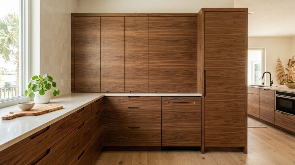 Sunlit walnut cabinets show continuous grain across doors, drawers, and a tall pantry.