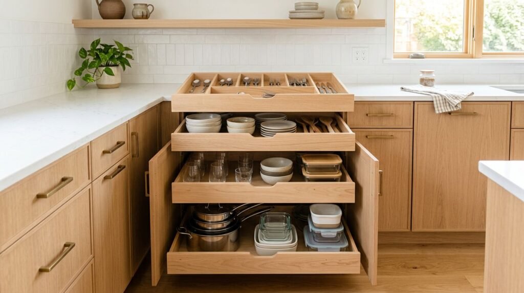 Open kitchen drawers display neatly organized dishes, cookware, utensils, and food containers.