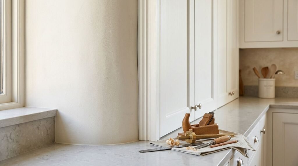 White scribe molding neatly fills the gap beside shaker kitchen cabinets.
