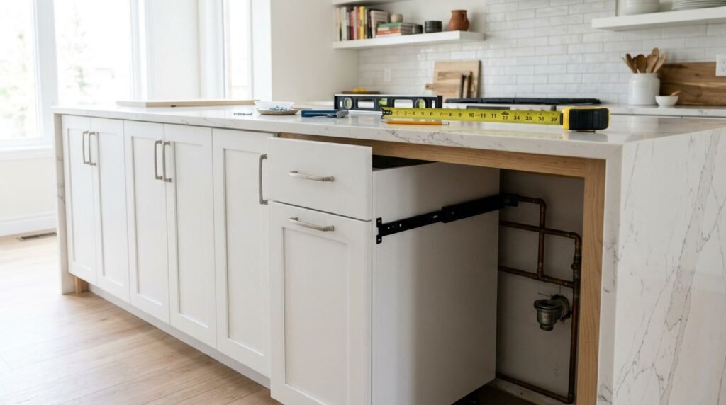 White cabinets align beneath a quartz countertop with exposed plumbing and installation tools.
