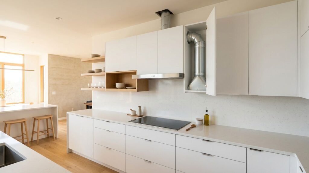 A stainless steel hood sits between white cabinets, with ductwork visible inside one open cabinet.
