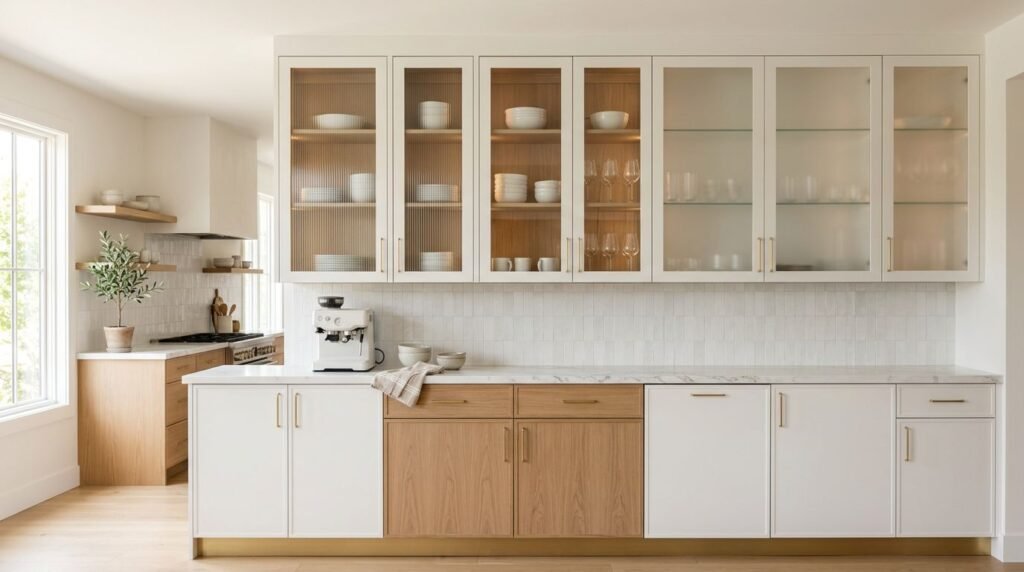 Modern kitchen with glass cabinet doors displaying dishes and glassware.