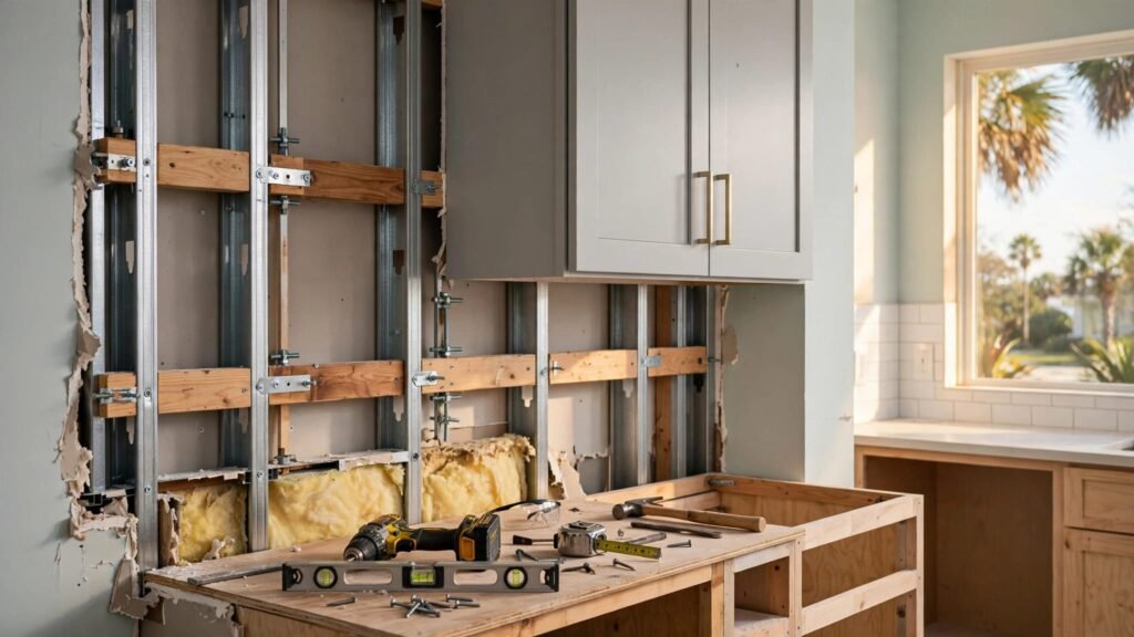 Kitchen cabinet secured to exposed metal studs with blocking and anchors.