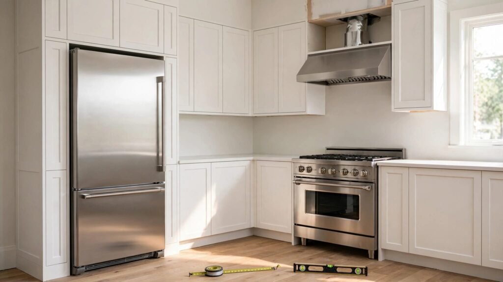 White cabinet panels frame a stainless-steel refrigerator and range in a bright kitchen.