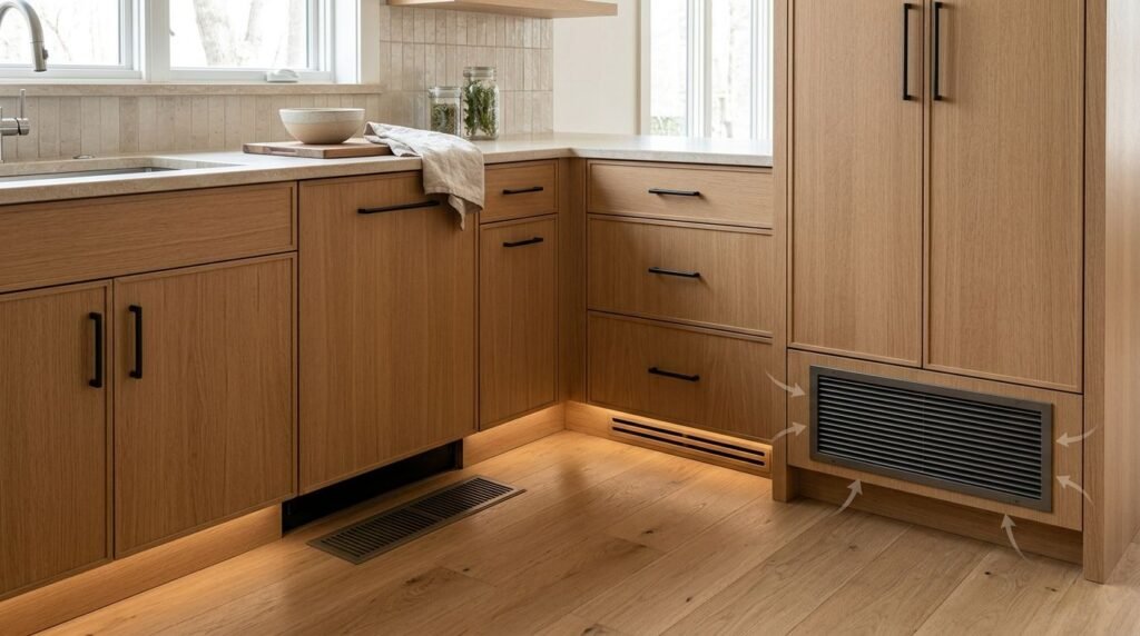 Kitchen cabinets arranged around a floor register and accessible return grille.