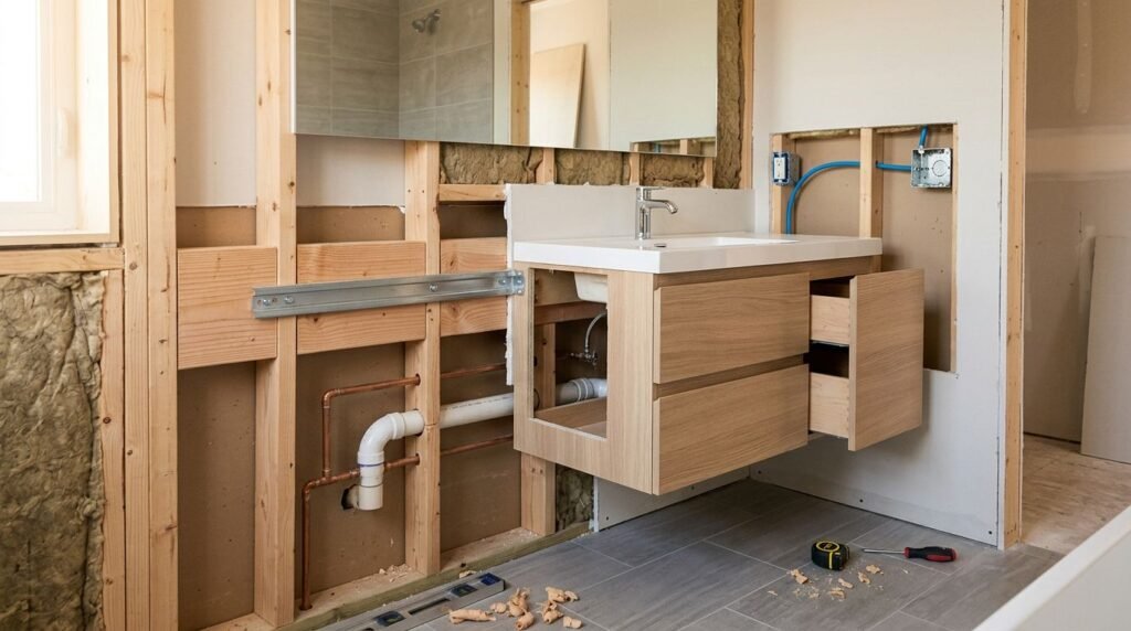 Cutaway bathroom wall showing wood blocking behind a floating vanity and nearby plumbing.