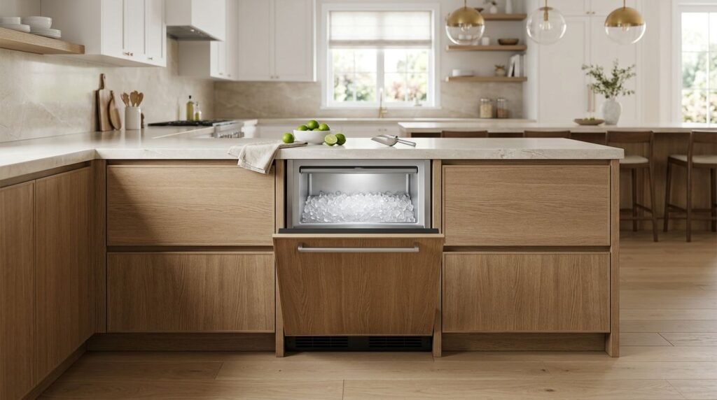 An open ice maker sits between wood cabinets beneath a pale stone countertop.