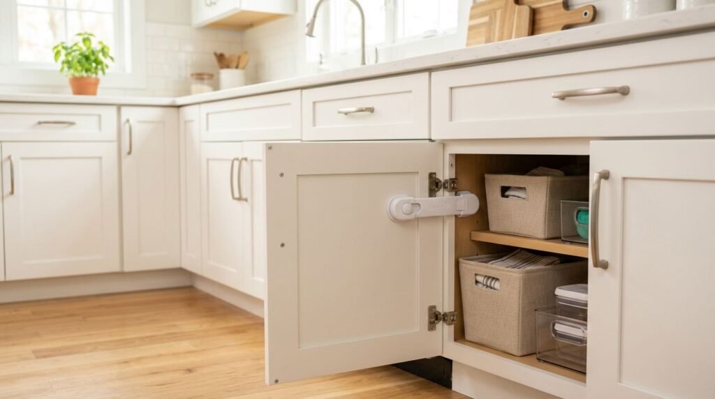 A childproof latch secures a slightly open white kitchen cabinet.