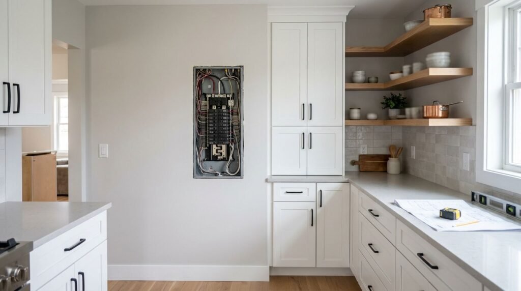 Open electrical panel beside white kitchen cabinets with clear access space.