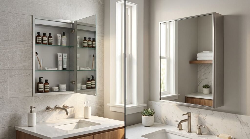 Split bathroom showing recessed and surface-mount mirrored medicine cabinets.