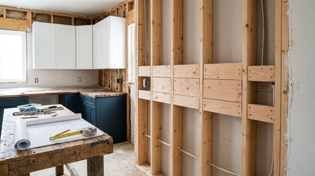 Wood blocking spans exposed kitchen framing behind the future upper cabinets.