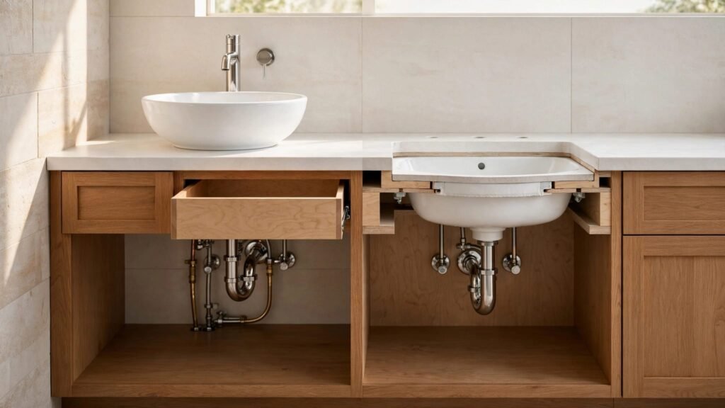 Modern vanity with vessel and undermount sinks, cabinet storage, open drawer, and visible plumbing.