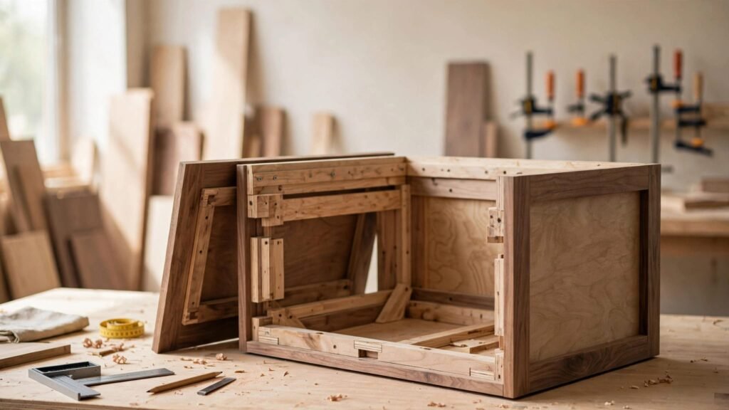 Unfinished kitchen cabinet viewed from behind with its back panel partly removed.