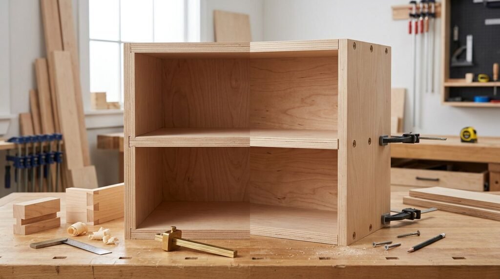 Plywood cabinet box showing a dado joint beside a screwed butt joint on a workbench.