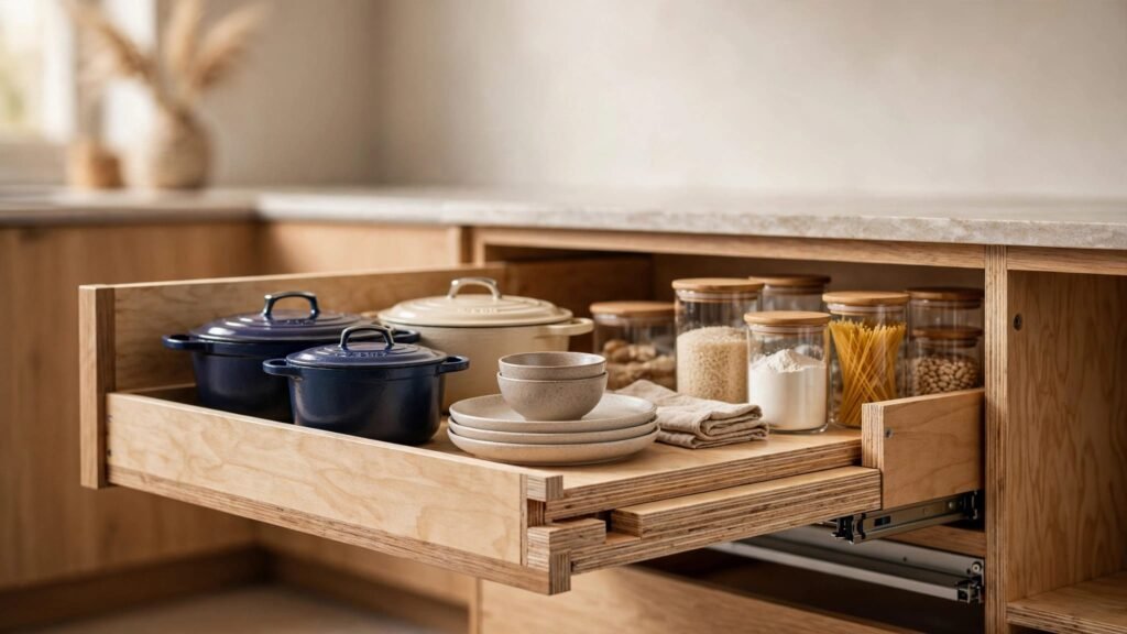 Open kitchen drawer showing cookware and a supported plywood bottom.