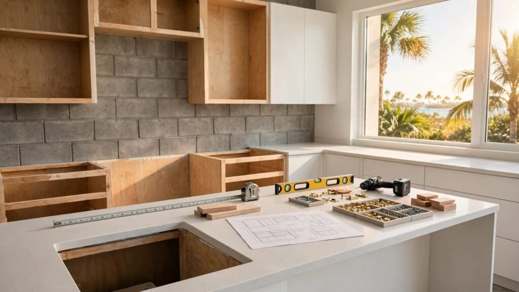 Kitchen cabinets, tools, plans, and hardware arranged on a sunlit countertop.