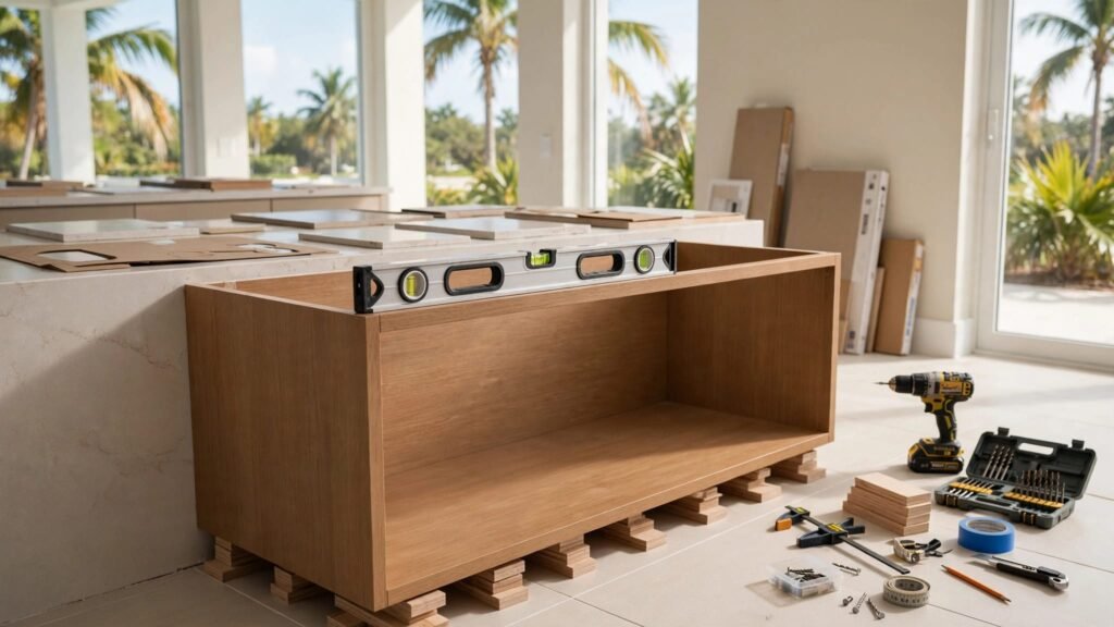 New kitchen cabinets are being leveled over light tile flooring.