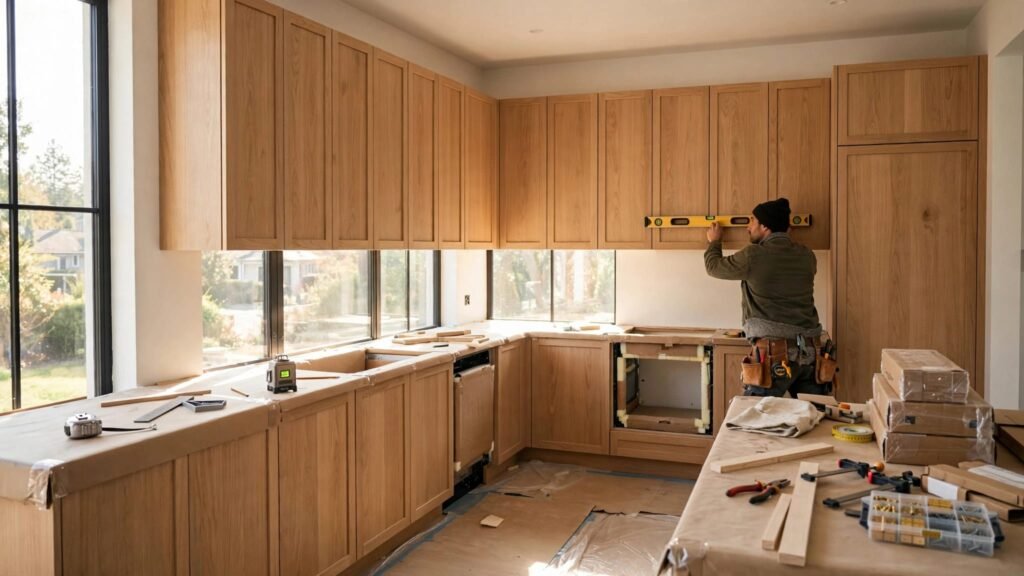A carpenter levels cabinets in a bright kitchen beside tools and a tall pantry unit.