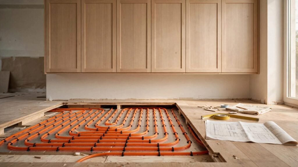 Kitchen cabinets above exposed radiant heating tubes, with a floor plan and measuring tape nearby.