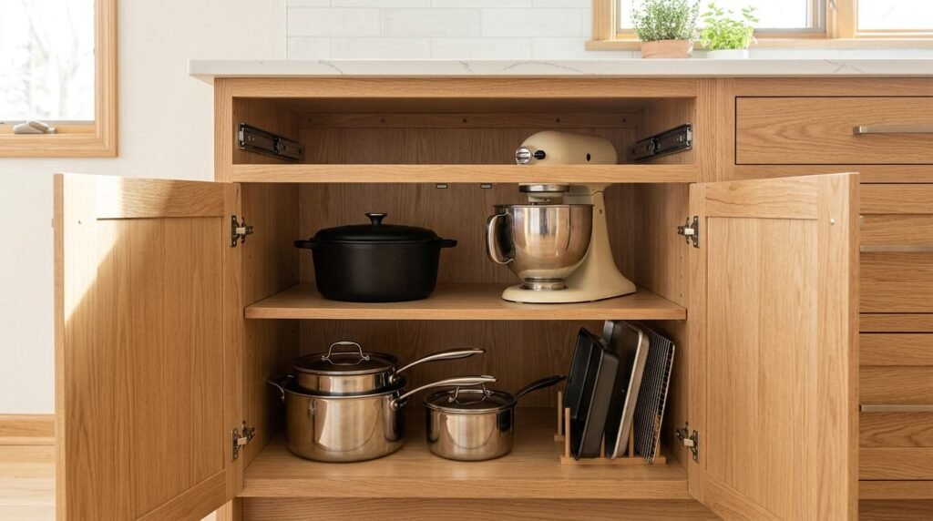 Open oak cabinet holding cookware, a mixer, and baking trays.