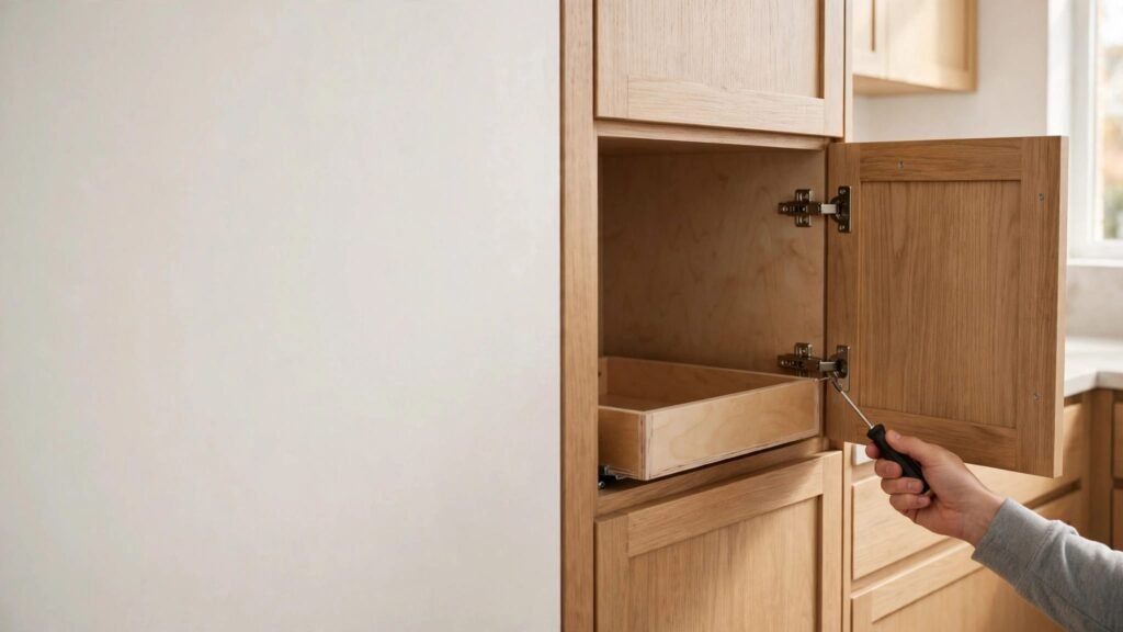 A hand adjusts a concealed hinge on a slightly misaligned kitchen cabinet door.