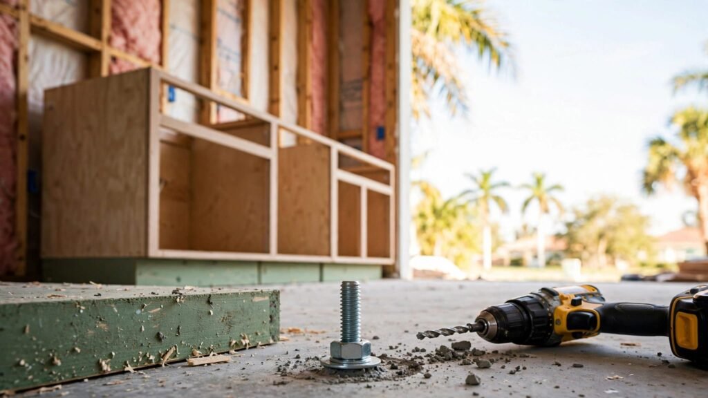 Unfinished cabinets sit on a concrete slab beside a drill and anchor bolt.
