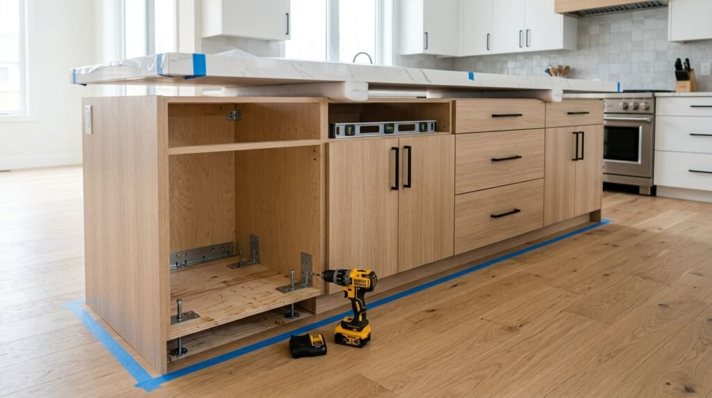 Kitchen island cabinets marked with tape, brackets exposed, and tools on a light-oak floor.