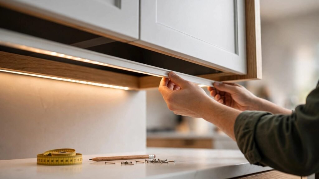 Hands fitting white molding beneath lit kitchen cabinets beside trim tools.