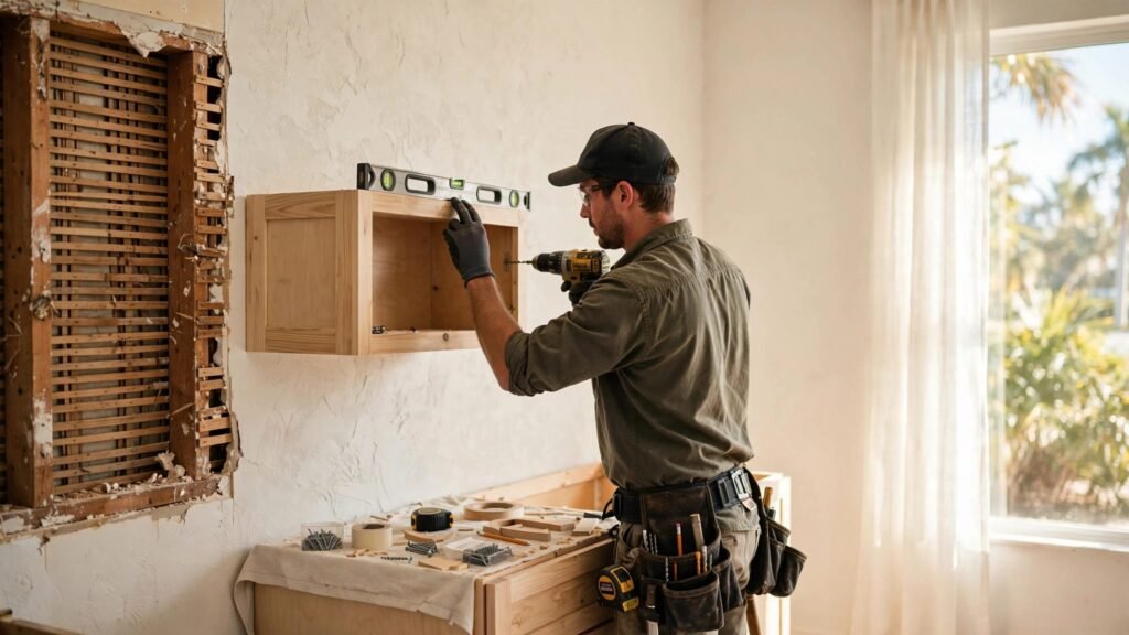 Installer mounting unfinished wood cabinets on a textured plaster wall.