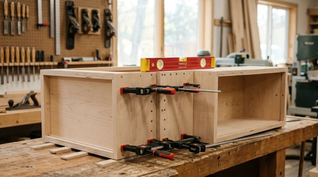 Clamped cabinet boxes with shims, screw holes, and a level across the tops.
