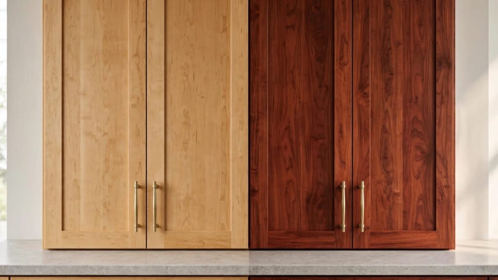 Golden maple and reddish-brown cherry cabinet doors shown side by side.