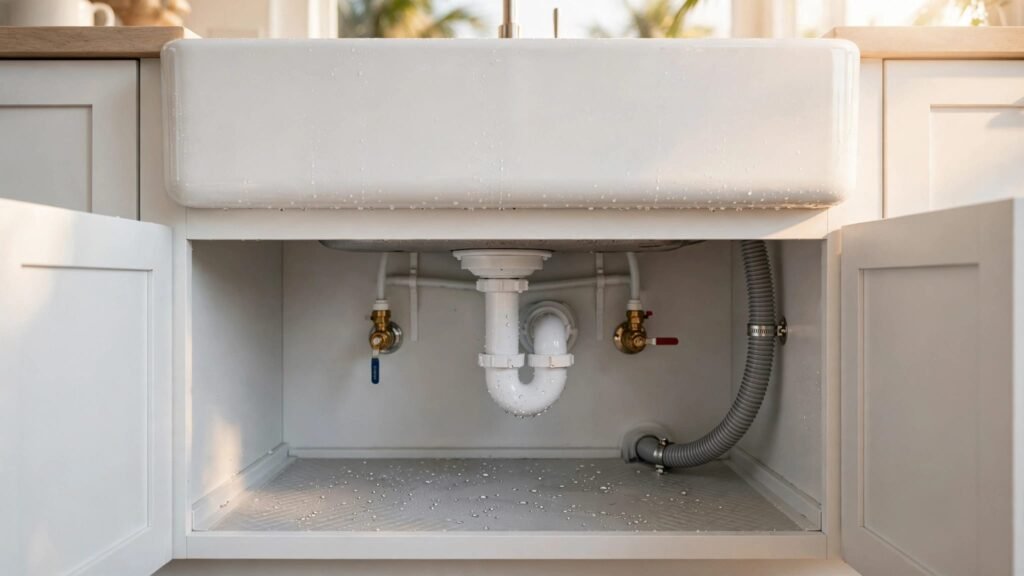 Open white sink cabinet with organized plumbing and a protective floor liner.