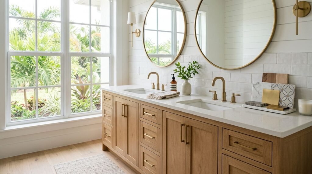 A double-sink wood vanity with a quartz counter, brass faucets, and material samples.