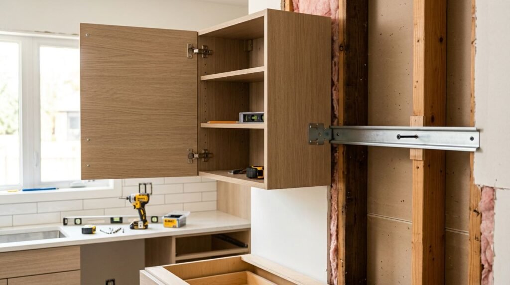 An open kitchen cabinet shows its mounting rail secured to wood studs with screws and a shim.