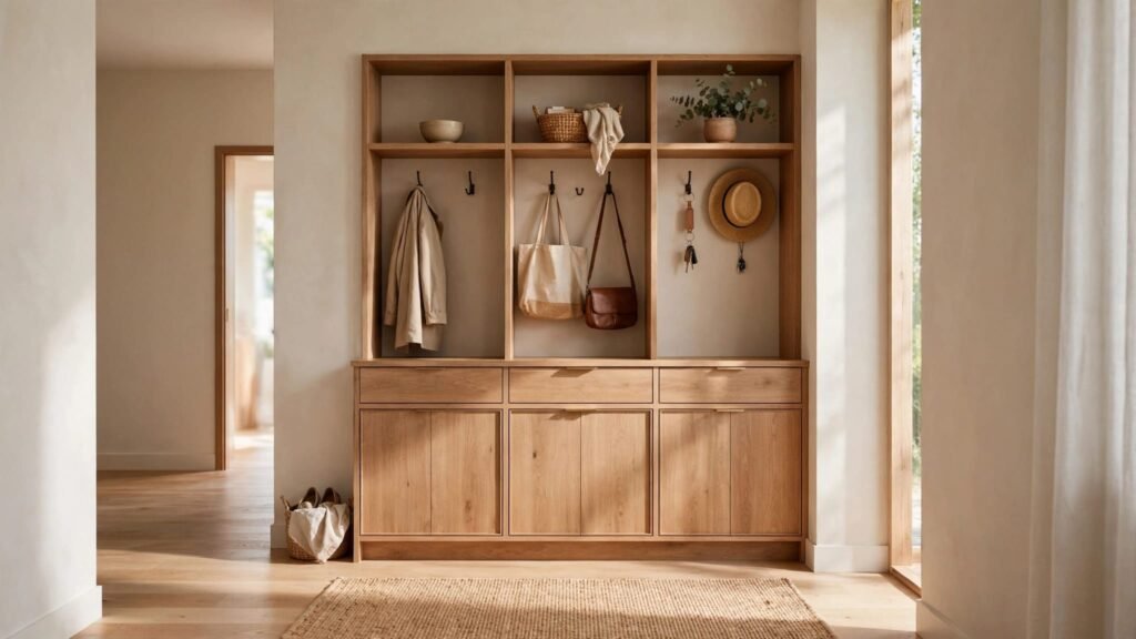 A slim wooden entryway cabinet has cupboards, drawers, shelves, and hooks.
