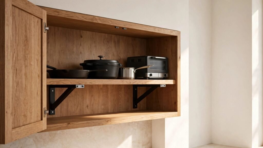Heavy cookware and a compact appliance sit on a thick, bracket-supported cabinet shelf.