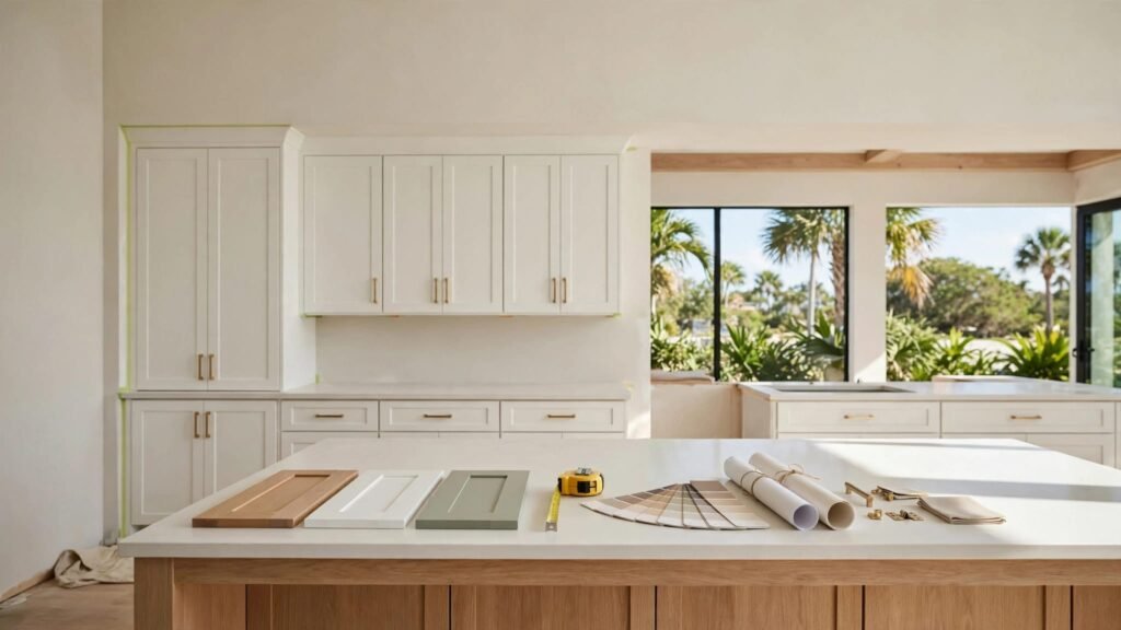White shaker cabinets and renovation samples arranged in a bright kitchen.