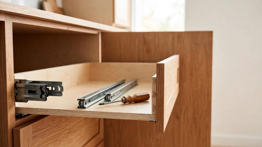 A partly removed kitchen drawer reveals metal slides beside a new slide and screwdriver.